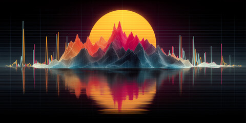 Retro low-poly soundwave mountain range with neon peaks and VHS distortion overlays under nostalgic digital horizon
