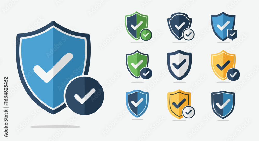 Poster collection of flat design shields with check marks signifying protection assurance security or valid