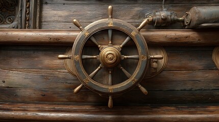Obraz premium Ornate Wooden Ship Wheel Mounted on Textured Wooden Wall with a Rustic Fixture Above
