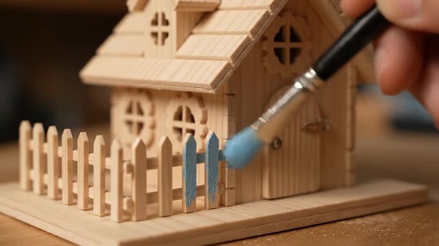 Painting a Wooden Miniature House and Fence.