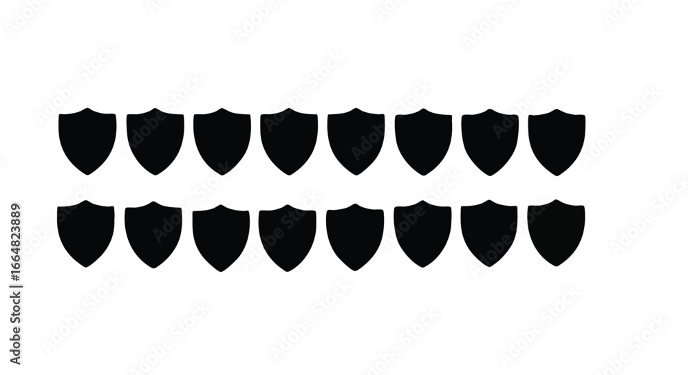 Poster array of uniform black shield icons arranged in two rows on plain background illustrating defense co
