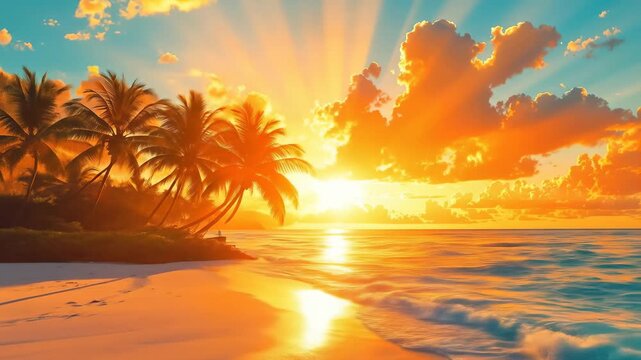 A tropical beach with palm trees and a vibrant orange sunset over the sea.