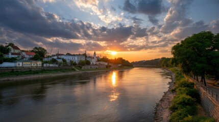 Fototapeta premium Sunset reflection over serene riverbank tranquil landscape photography nature setting peaceful viewpoint