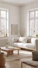 Interior design of a cozy Scandinavian living room with a predominance of pale wood tones, soft pastel colors, and an abundance of natural light pouring in through a large window.