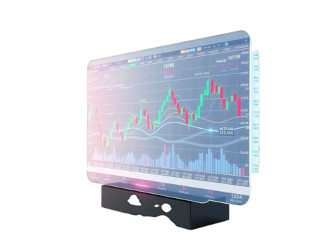Modern Transparent Monitor Displaying Financial Stock Market Growth Charts and Data Analytics with Futuristic Technology Interface