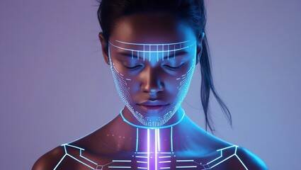 Woman with futuristic face scan, and neon light.