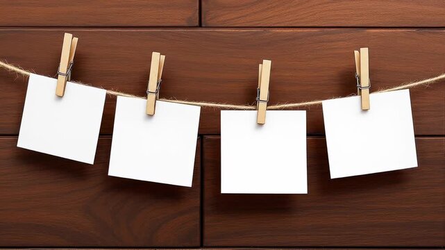 Four blank white square paper sheets hanging on a rope with wooden clothespins against a wooden background.