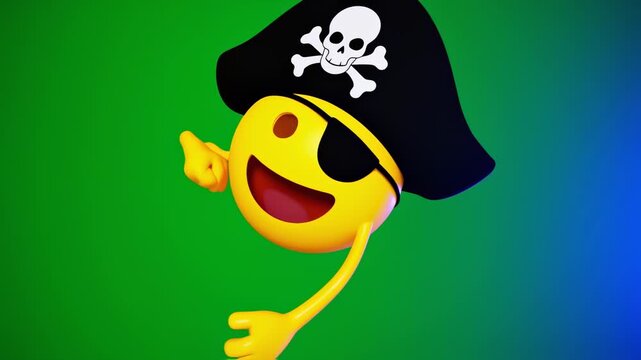 Cheerful Yellow Emoji Pirate with Eyepatch and Jolly Roger Hat Gives Thumbs Up on Green-Blue Gradient Background
