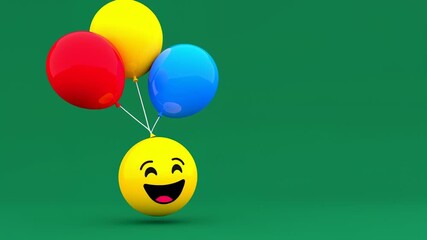 Dynamic 3D Animation: Cheerful Emoji Character Holding Bright Balloons on Green - Powered by Adobe