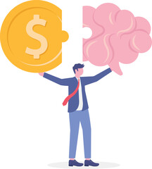 Flat illustration of man connecting dollar with logical thinking brain representing emotional intelligence

