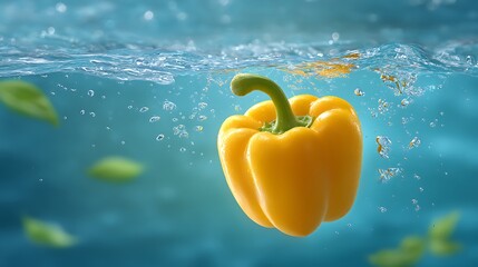 Vibrant Yellow Bell Pepper Floating in Clear Water with Bubbles and Blurred Basil Leaves