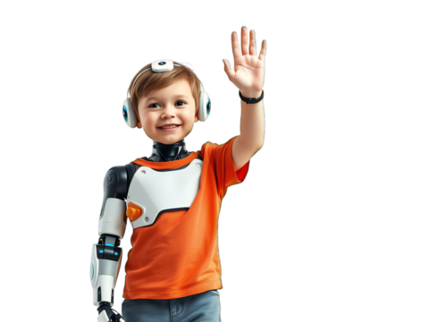 Cheerful child wearing innovative robotic arm and modern headphones enthusiastically waves, symbolizing future technology and childhood development