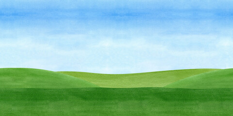 Green fields with blue sky landscape watercolor seamless border. Hand drawn meadows, hills with grass background illustration. Clear summer day for design postcards, banner, website, packaging.