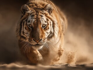 Naklejka premium Tiger runs swiftly through dusty terrain in a dramatic display of agility and power during golden hour light