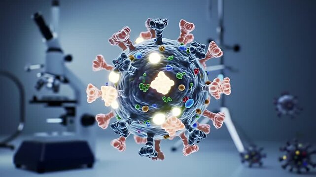 A detailed 3D rendering of a virus particle, resembling SARS-CoV-2, in a scientific laboratory setting with a microscope in the background.