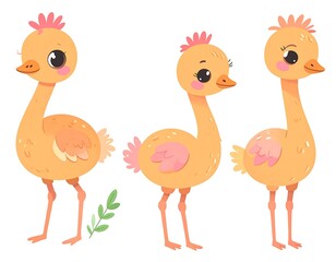 Cute Cartoon Ostriches Three Poses