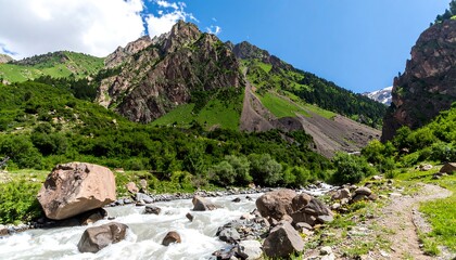 Lush valley with a rushing river, surrounded by towering, colorful mountains under a vibrant blue sky.