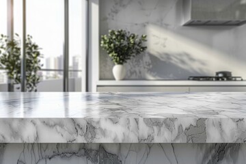 Marble stone empty table top of kitchen island on white modern kitchen interior background. Scene stage showcase for montage you products, promotion sale or advertising