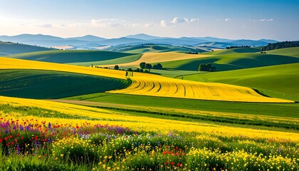 Rolling Hills, Colorful Fields, and Sunny Landscape.
