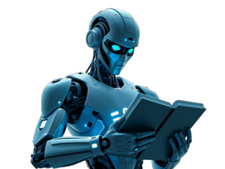 Artificial Intelligence reading a book A futuristic robot studying with glowing blue eyes and detailed design