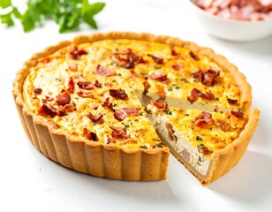 A savory quiche with crispy bacon bits, a slice removed, showing a creamy custard interior
