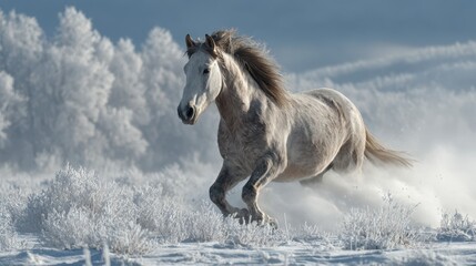 Majestic white horse galloping through a snowy landscape under a clear blue sky