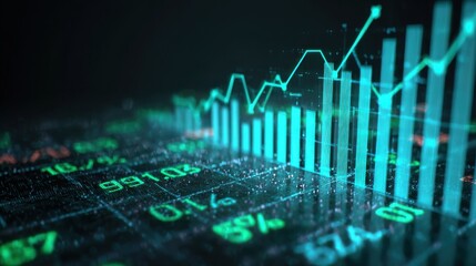 Digital financial data visualization with glowing green graphs and numbers on a dark background, showcasing market trends and analytics in a modern design concept