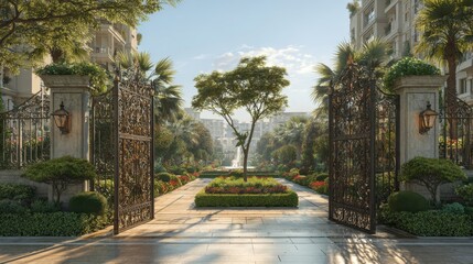 Lush garden entrance with ornate wrought iron gates, vibrant flowers, and palm trees, inviting visitors into a serene outdoor space surrounded by elegant architecture