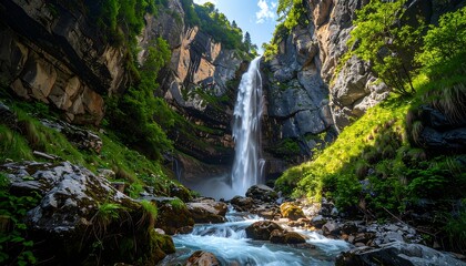 Obraz premium Majestic Waterfall Cascading Through Rocky Gorge in Sunny Mountain Setting.