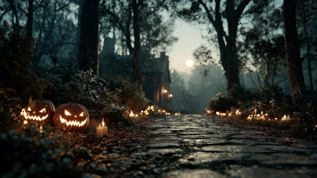 Jack-o'-lanterns and candles lighting a path in a dark forest at twilight on Halloween