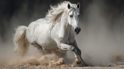 Obraz premium Galloping white horse moving through sandy terrain during golden hour