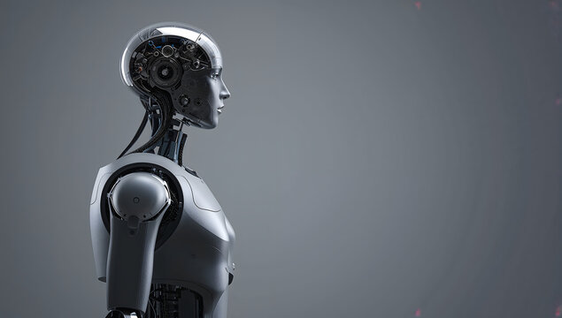 3D render of a humanoid robot profile with transparent head revealing circuitry