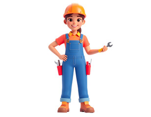Fototapeta premium A friendly character of a female worker in a hard hat and overalls, holding a wrench.