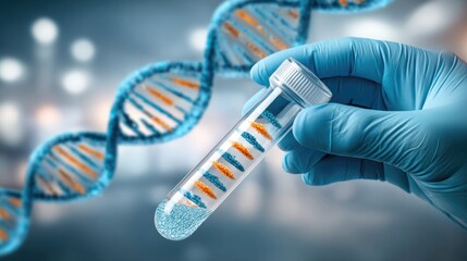 Scientist's gloved hand holding pcr tube for dna analysis in biotechnology and medical research concept