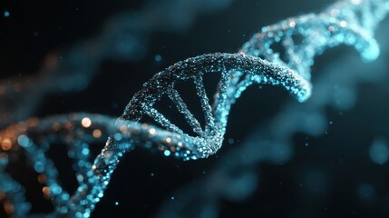 Intricate DNA double helix structure illuminated with glowing blue particles, showcasing the beauty of genetic material in a scientific and abstract representation of life