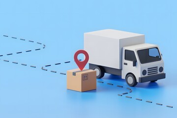 Stylized Delivery Truck with Package and Location Pin on Blue Background Representing Online Shopping E commerce and Modern Logistics Solutions for Business and Consumers