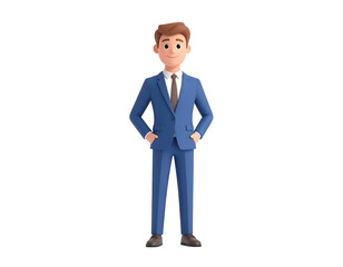 Obraz premium A friendly animated business professional stands confidently in a blue suit, ready for success.