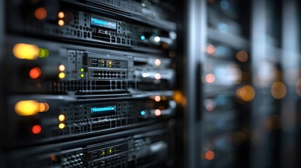 High-tech server racks illuminated with colorful LED lights, showcasing advanced data storage technology in a modern data center environment with intricate wiring and cooling systems