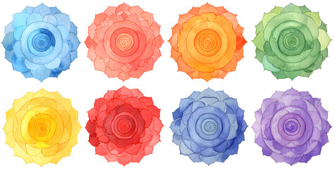 7 color of chakra symbol concept, flower floral, watercolor painting hand drawn icon logo, illustration design sign