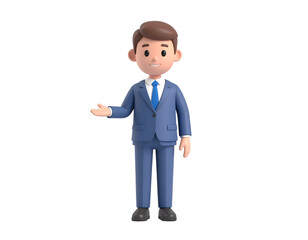 Obraz premium A professional character in a blue suit presents with an open hand gesture, conveying welcome and assistance.