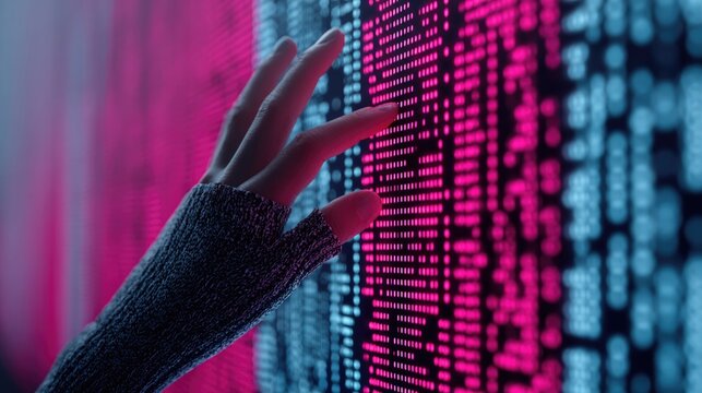 Digital interaction with dna sequence art by gloved hand for science and technology design - Powered by Adobe