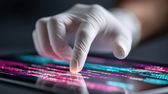 Gloved hand interacting with digital dna sequence display for genetic research and technology advancements