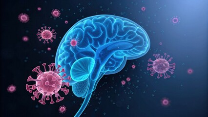 Fototapeta premium Glowing Blue Kidney Connected to Brain with Neural Pathways and Virus-Like Particles in Medical 3D Render