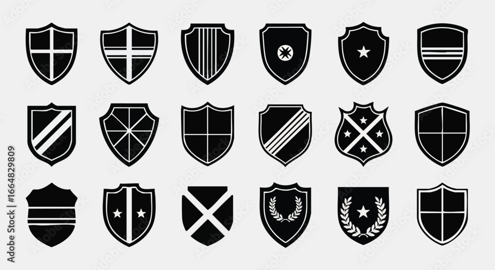 Poster diverse collection of heraldic shield designs displaying varied symbolic elements and classic shield