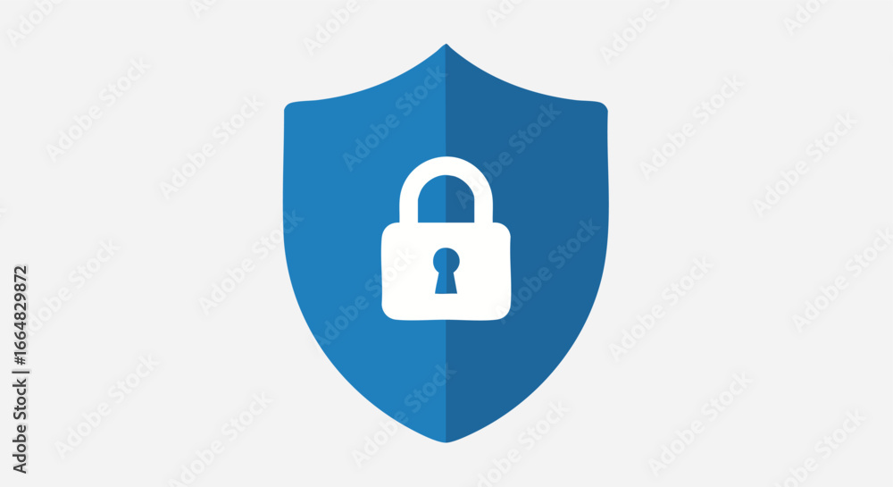 Poster digital fortress: lock symbol on a shield representing cybersecurity and data protection measures