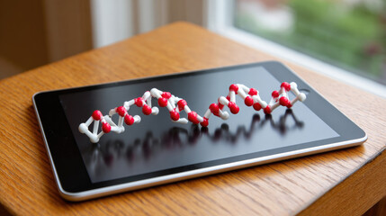 Macro shot of cas9 protein model on digital tablet displaying genetic engineering concept for biotechnology research
