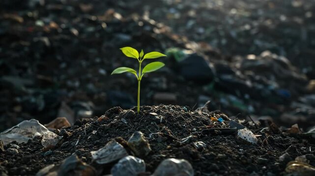 Small green plant sprout growing from dark soil with trash. Concept of environmental reclamation and new life conquering pollution footage.