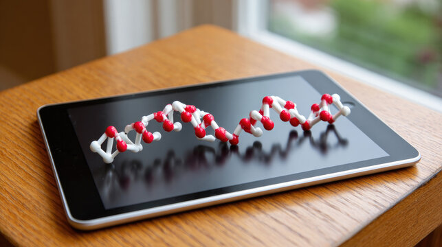 Macro shot of cas9 protein model on digital tablet displaying genetic engineering concept for biotechnology research