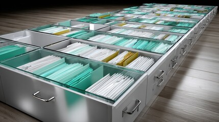 Fototapeta premium Rows of file cabinets, filled with folders, on a wooden floor
