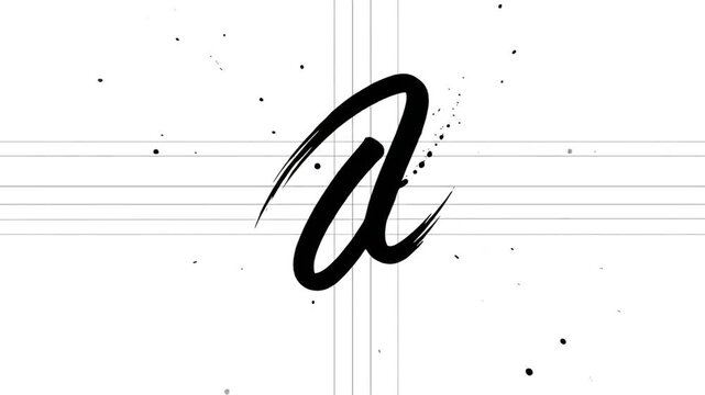 A stylish calligraphic letter 'a' on a grid, animated with subtle ink splatters for a dynamic, handcrafted feel